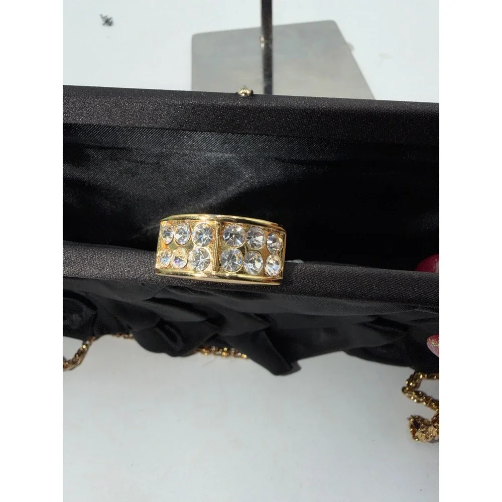 Lord & Taylor Black Satin Ruffle Evening Clutch Rhinestone Clasp Gold Chain Bag